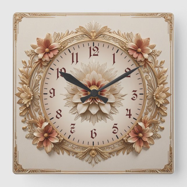 Blume Art Deco Quadratische Wanduhr (Vorderseite)