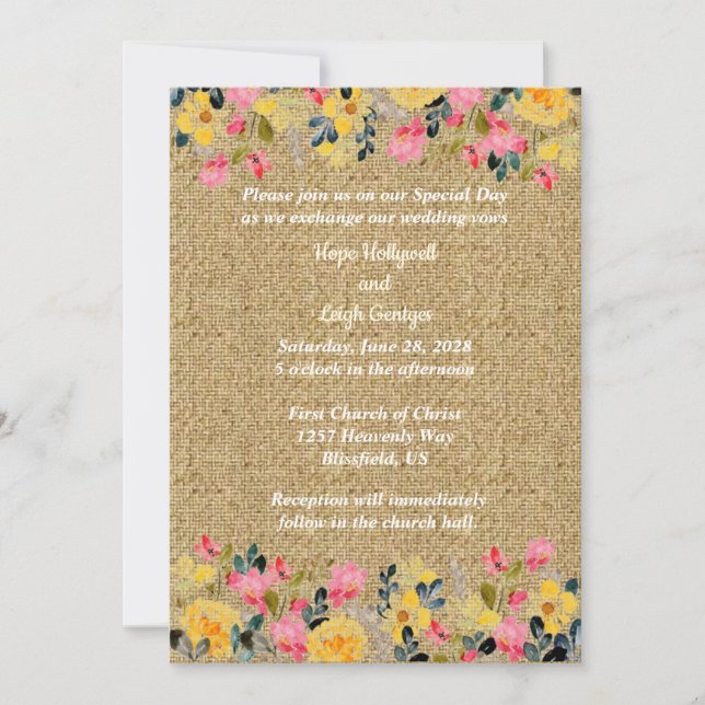 Blume auf Burlap-Hochzeitsreise Einladung (Vorderseite)