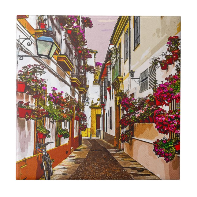 Blume auf der Straße. Córdoba, Andalusien, Spanien Fliese (Vorderseite)