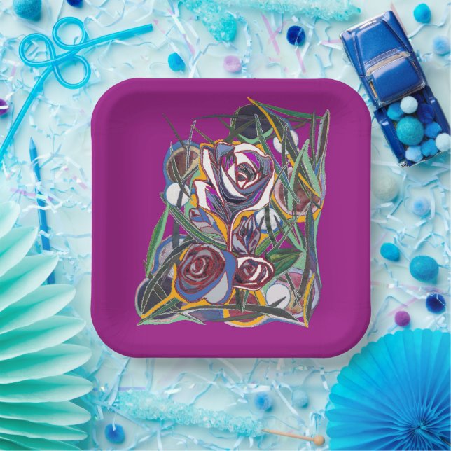 Blume auf lila Hintergrund Pappteller (Party)