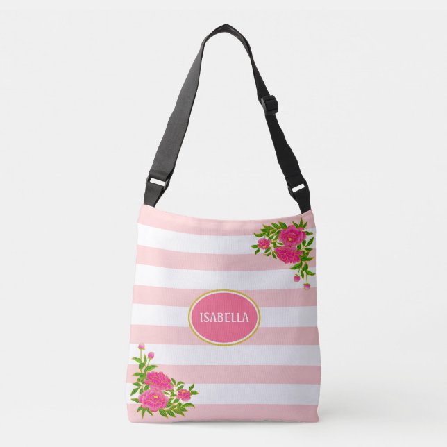 Blume auf Rosa und Weiß gestreift Tragetaschen Mit Langen Trägern (Vorderseite)