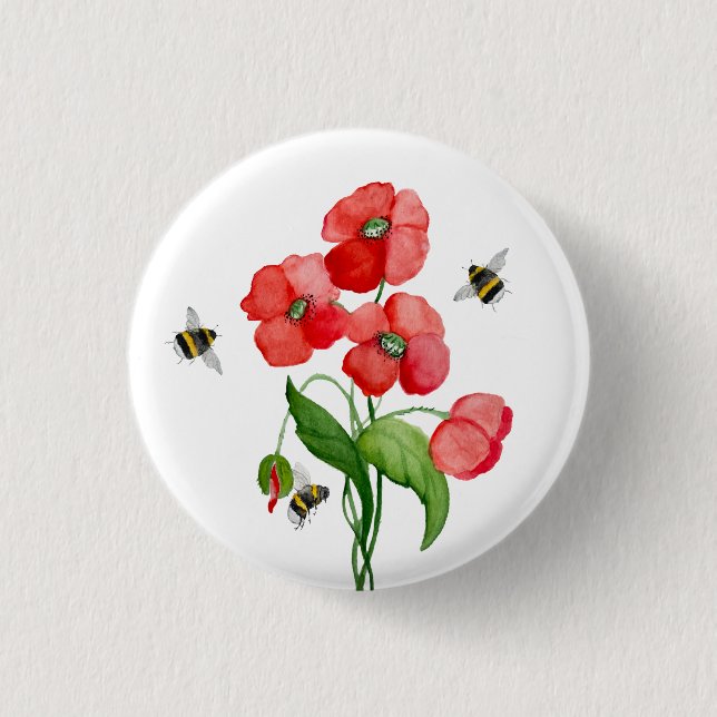 Blume aus Aquarelltuch und niedliche Hummel Button (Vorderseite)