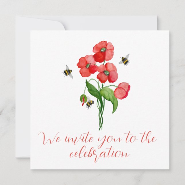 Blume aus Aquarelltuch und niedliche Hummel Einladung (Vorderseite)