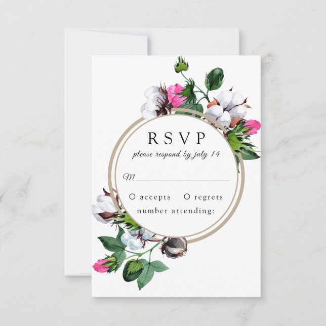 Blume aus Baumwolle. Botanischer Rahmen Blumenhoch RSVP Karte (Vorderseite)