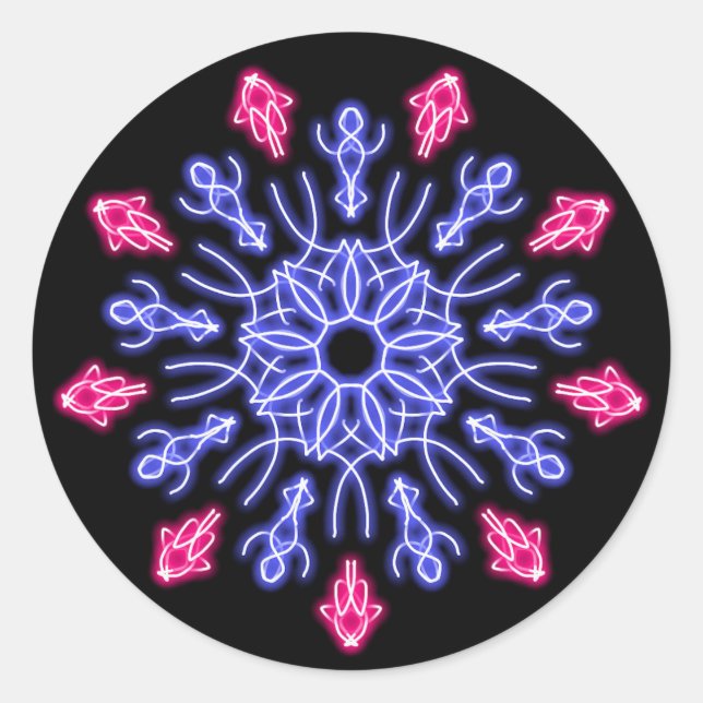Blume aus blauem und rotem Neon Runder Aufkleber (Vorderseite)