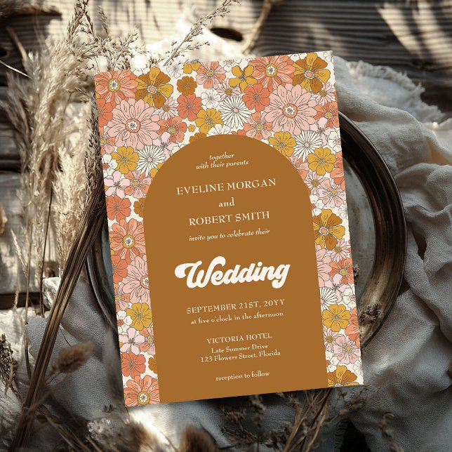Blume aus Boho, Braunorange und Elfenbein Einladung (Boho arch brown orange and ivory flowers invitation)