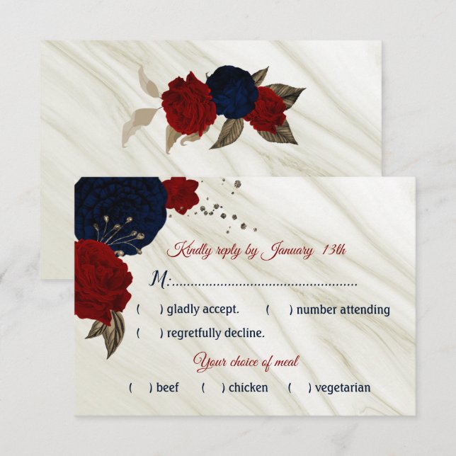 Blume aus der Marine und Bordeaux RSVP Karte (Vorne/Hinten)