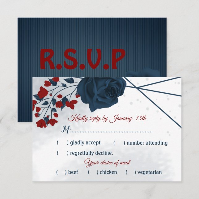 Blume aus der Marine und Bordeaux RSVP Karte (Vorne/Hinten)