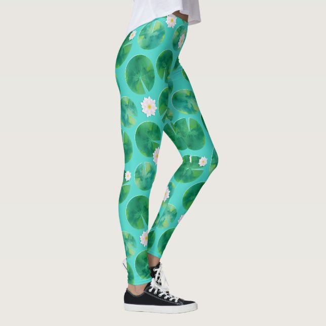 Blume aus der White Water Lilie & Lily Pad Muster Leggings (Rechts)