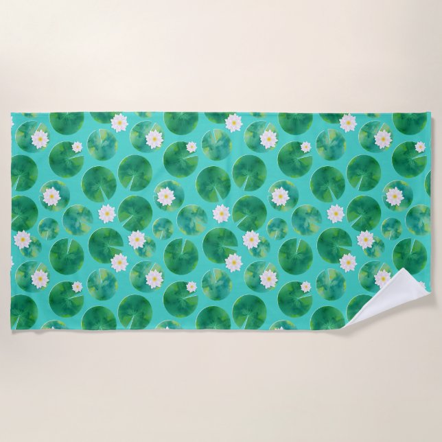 Blume aus der White Water Lilie & Lily Pad Muster Strandtuch (Vorderseite)