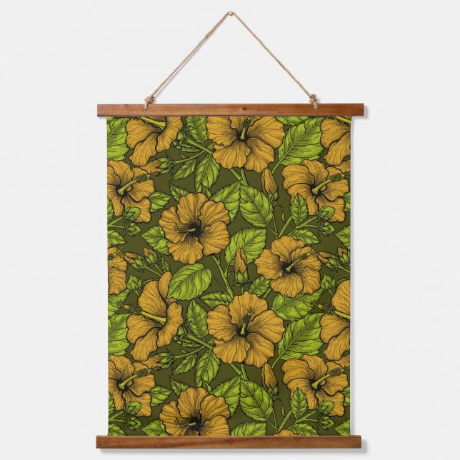 Blume aus gelbem Hibiskus an Wandteppichen Wandteppich Mit Holzrahmen (Vorderseite)