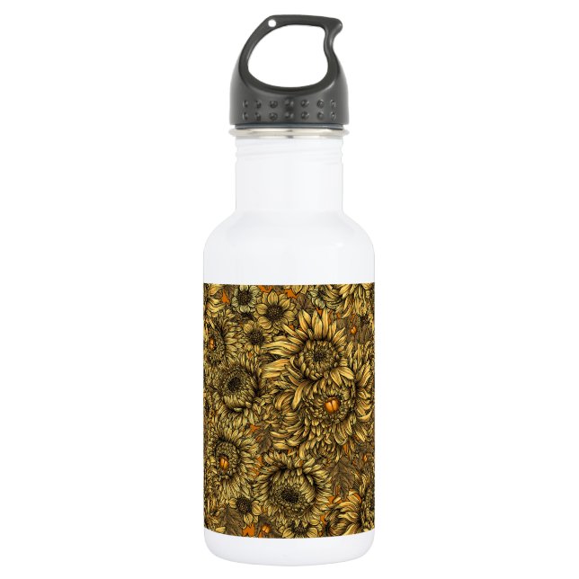 Blume aus gelber Chrysanthemen und Orangenkäfer Edelstahlflasche (Vorderseite)