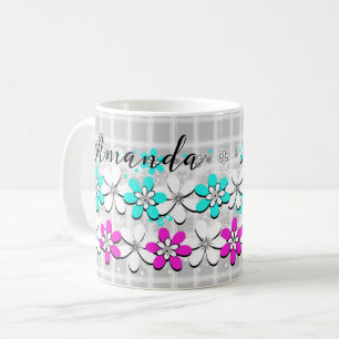 Blume aus Papierneon auf einem grauweißen Schachbr Kaffeetasse