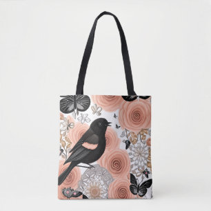 Blume aus Pfirsich und Kohle, Robin und Schmetterl Tasche