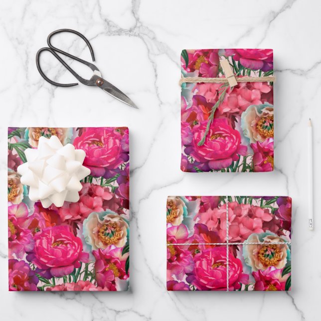 Blume aus Rosa und Weiß, Peony und Hydrangea Geschenkpapier Set (Vorderseite)