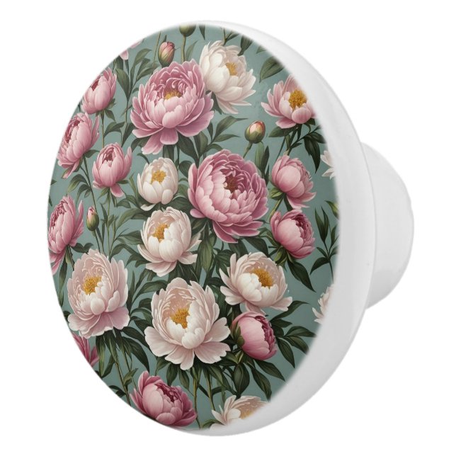 Blume aus rosa und weißem Peony Keramikknauf (Rechts)