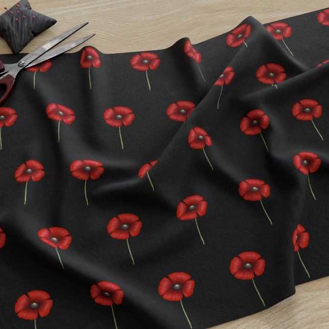 Blume aus rotem Mohn auf schwarzem Stoff (A cute poppy pattern fabric just for you)