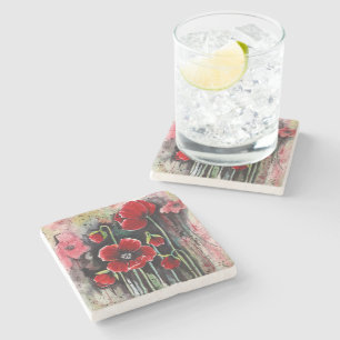 Blume aus rotem Mohn in Aquarellen Steinuntersetzer