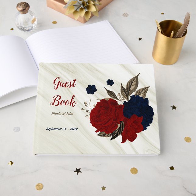 Blume aus rotem und mariniertem grauem botanischem gästebuch (Vorderseite Offen)