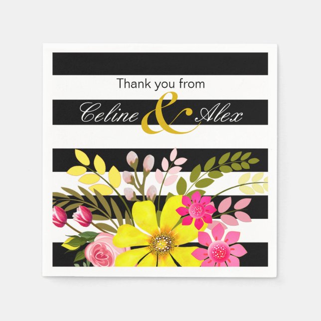 Blume aus schwarzem und weißem Streifen | gelb Serviette (Vorderseite)