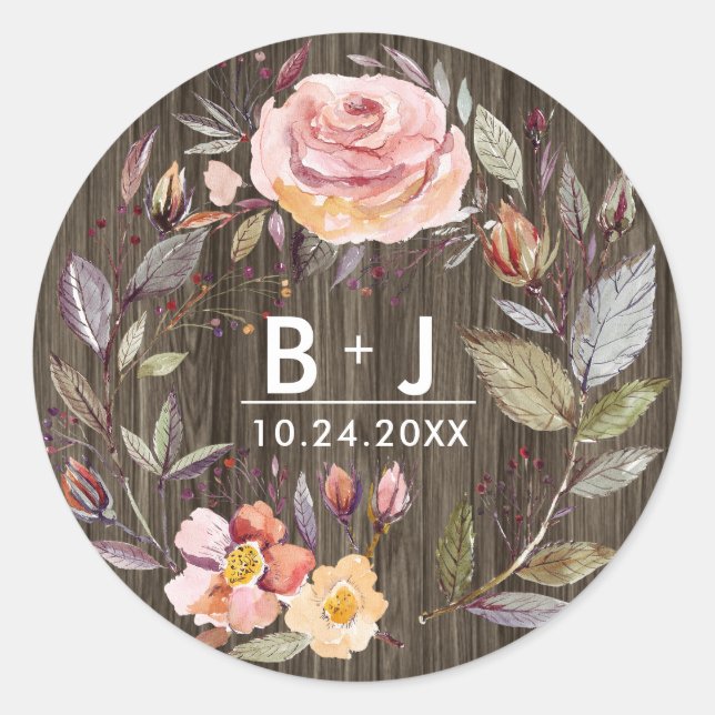 Blume aus Stallholz Hochzeitmonogramm-Stickern Runder Aufkleber (Vorderseite)