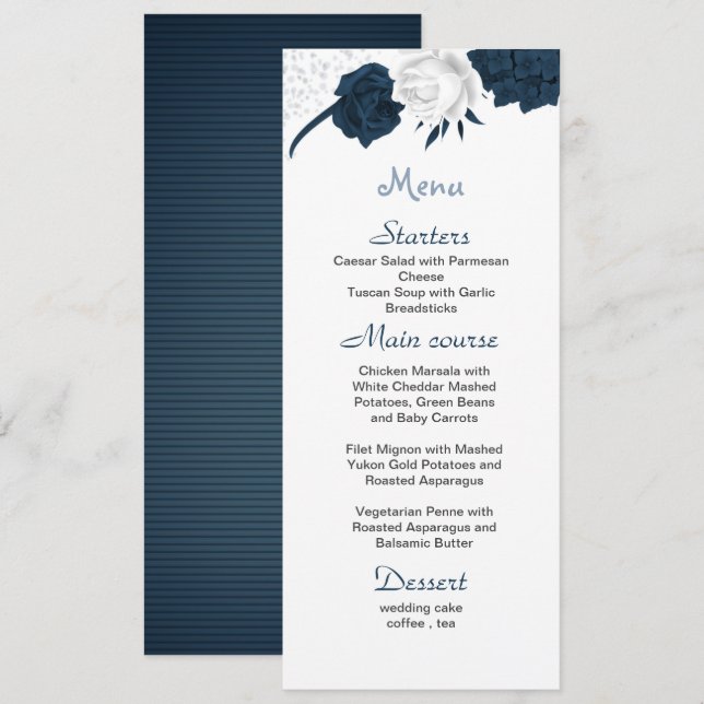 Blume aus Weiß und Marine Hochzeit Menükarte (Vorne/Hinten)
