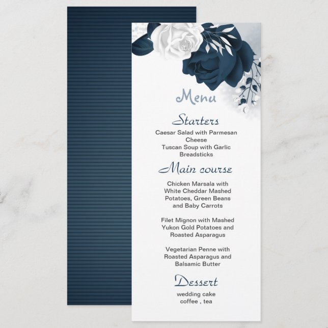 Blume aus Weiß und Marine Hochzeit Menükarte (Vorne/Hinten)