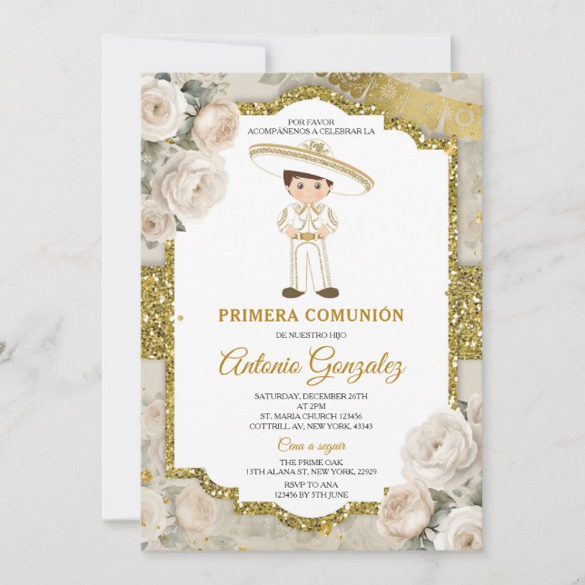 Blume aus Weißcreme Gold Niedlicher Junge Primera  Einladung (Vorderseite)