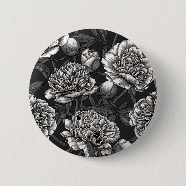 Blume aus weißem Pfirsich auf dunkelgrau Button (Vorderseite)