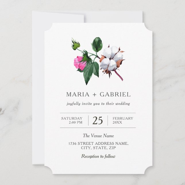 Blume aus weißer Baumwolle. Botanische Hochzeit Einladung (Vorderseite)