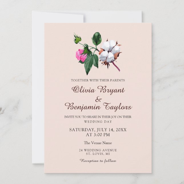 Blume aus weißer Baumwolle. Botanische Hochzeit Einladung (Vorderseite)