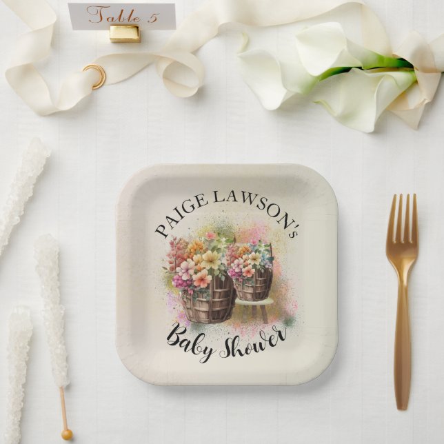 Blume Barrel Beige Babydusche Pappteller (Hochzeit)