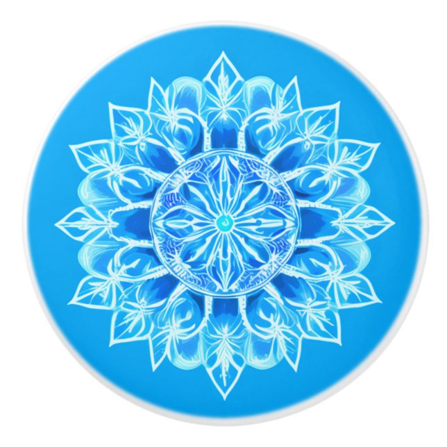 Blume Batik Mandala auf Türkis Keramikknauf (Vorderseite)