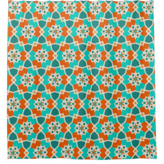 Blume, Bäume und Ninja Sterne Orange und Aquamarin Duschvorhang