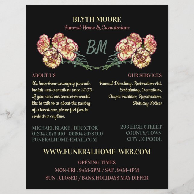 Blume, Beerdigung Zuhause, Direktoren Flyer (Vorne)