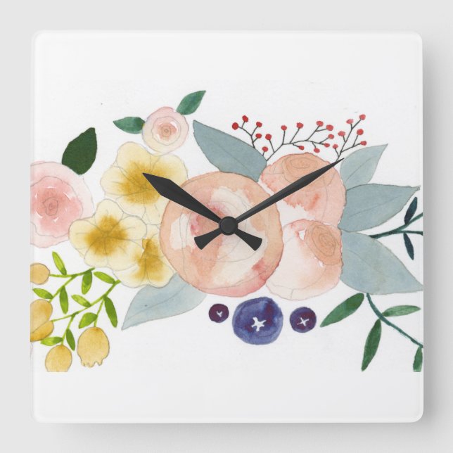 Blume, Berries und Blätter Wasserfarbuhr Quadratische Wanduhr (Vorderseite)