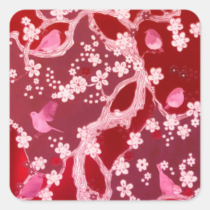 Blume Bird Cheroms Blüten Rosa Quadratischer Aufkleber