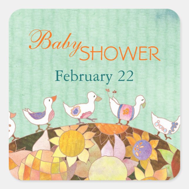 Blume Birds Babydusche Quadratischer Aufkleber (Vorderseite)