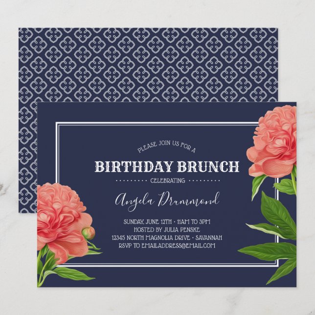 Blume Birthday Brunch Blauen Einladung (Vorne/Hinten)