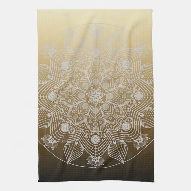 Blume, Blätter, Mandala aus weißer Leder auf Gold Geschirrtuch (Vertikal)