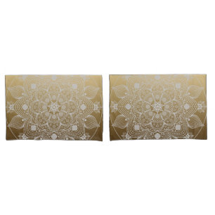 Blume, Blätter, Mandala aus weißer Leder auf Gold Kissenbezug