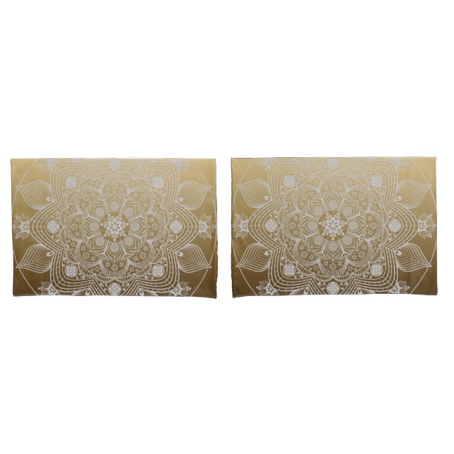 Blume, Blätter, Mandala aus weißer Leder auf Gold Kissenbezug (Vorderseite-Set)