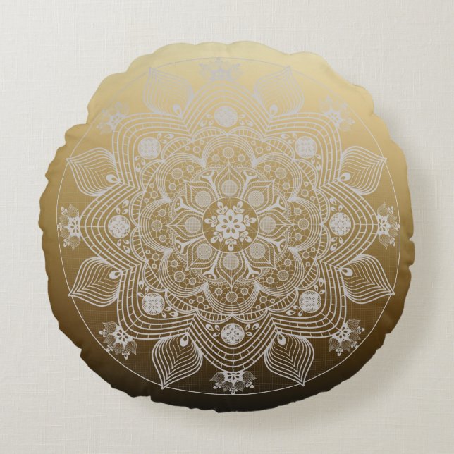 Blume, Blätter, Mandala aus weißer Leder auf Gold Rundes Kissen (Vorderseite)
