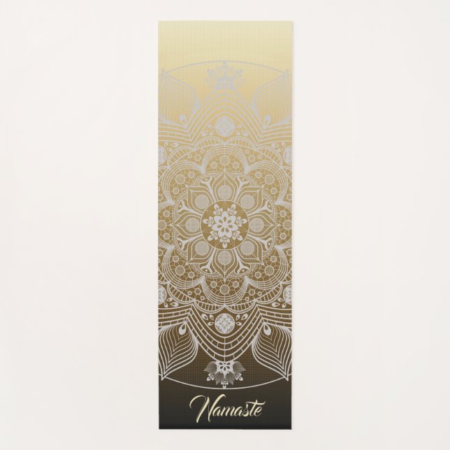 Blume, Blätter, Mandala aus weißer Leder auf Gold Yogamatte (Vorderseite)