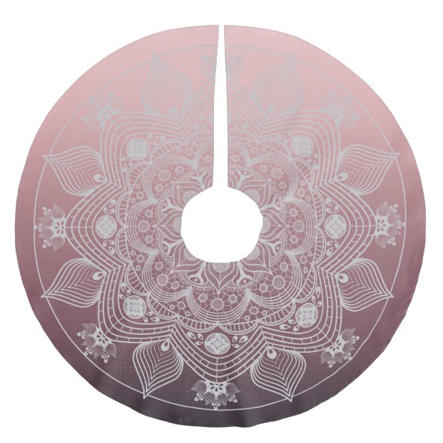 Blume, Blätter, Mandala, Weiße Spitzen, rosa Polyester Weihnachtsbaumdecke (Vorderseite)
