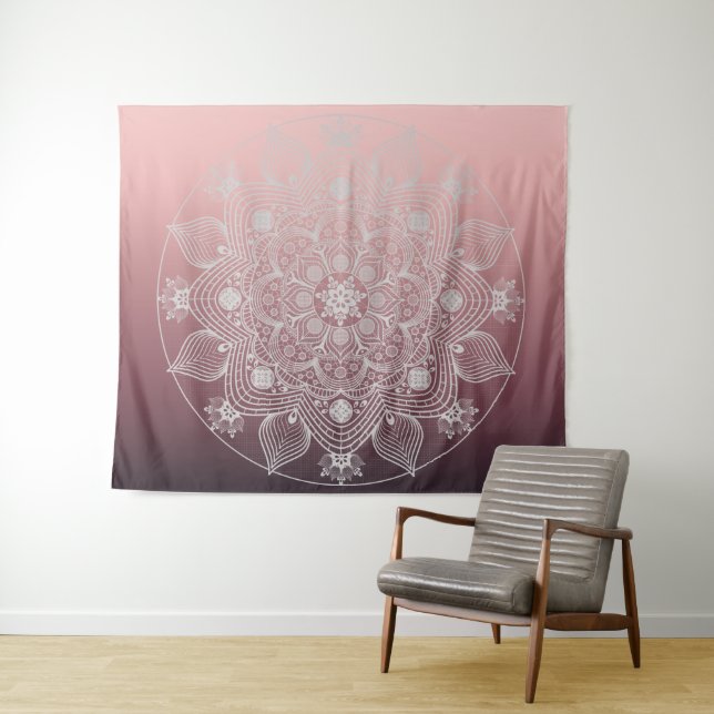 Blume, Blätter, Mandala, Weiße Spitzen, rosa Wandteppich (Beispiel (Horizontal))