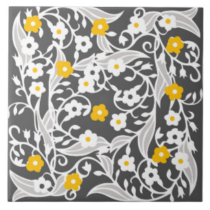 Blume, Blätter, Reben, grau, weiß, gelb Fliese