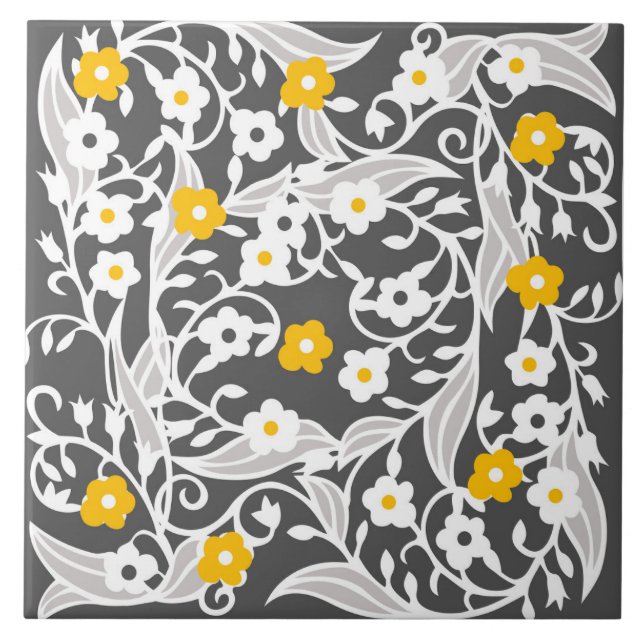 Blume, Blätter, Reben, grau, weiß, gelb Fliese (Vorderseite)