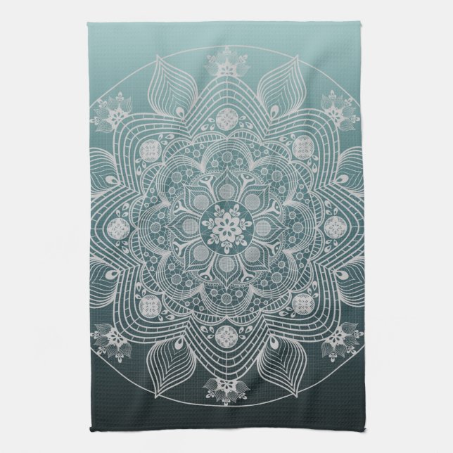 Blume, Blätter, Weiße Spitzen Flora Mandala auf Aq Geschirrtuch (Vertikal)
