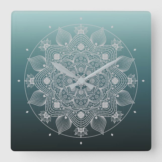 Blume, Blätter, Weiße Spitzen Flora Mandala auf Aq Quadratische Wanduhr (Vorderseite)